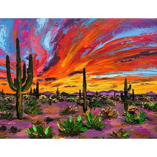 Pintura al óleo de Motley Arizona Obra original de la puesta del sol de Arizona Pintura de la lona del desierto de Sonora Obra de arte del cactus Saguaro Arte del Parque Nacional Saguaro