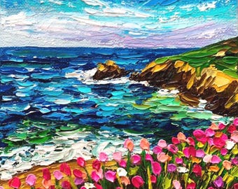 California Coastal Canvas Artwork Original Carmel Beach Oil Painting: Impasto California Seascape Art