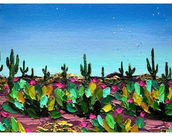 Unique Arizona Art Gift Original Arizona Desert Oil Painting Saguaro Cactus Artwork Bloom Cactus Art Tucson Painting Sonoran Desert Art Gift