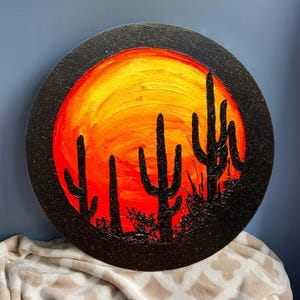 Arizona Nacht Gemälde Wüste Orange Sonne Öl Kunstwerk Geschenk Saguaro Kaktus Runde Leinwand Kunst Saguaro National Park Wanddekoration 20 x 20 cm