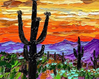 Arizona Sunset Oil Painting Original Desert Cactus Artwork Impasto Saguaro Cactus Palette Knife Art Tucson Painting Desert Plants Painting