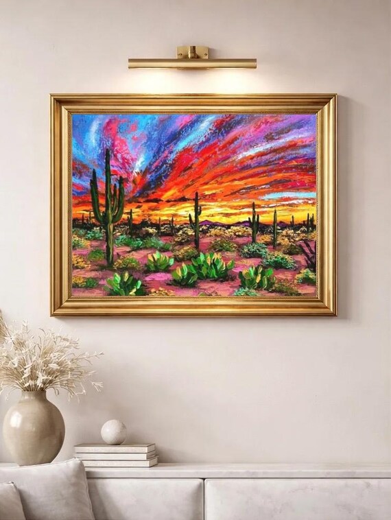 Colorful Saguaro Desert Oil Painting Original Impasto Arizona