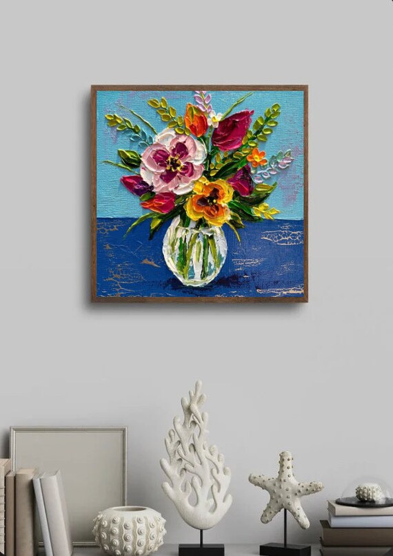 Beautiful Blue Floral Painting in Glass Vases on 8x8 Canvas