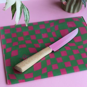 Checkered Glass Cutting Board: Pink & Green Kitchen Decor