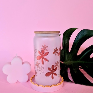 70s Flower Glass Tumbler: Orange & Brown, Iced Coffee Cup