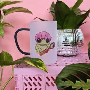Silly Selfcare Frog Green Handled Frosted Glass Mug | Funny Cute Mugs | Hand Drawn Handmade Cups | Pink Mugs Illustration Mug Frosted Pink