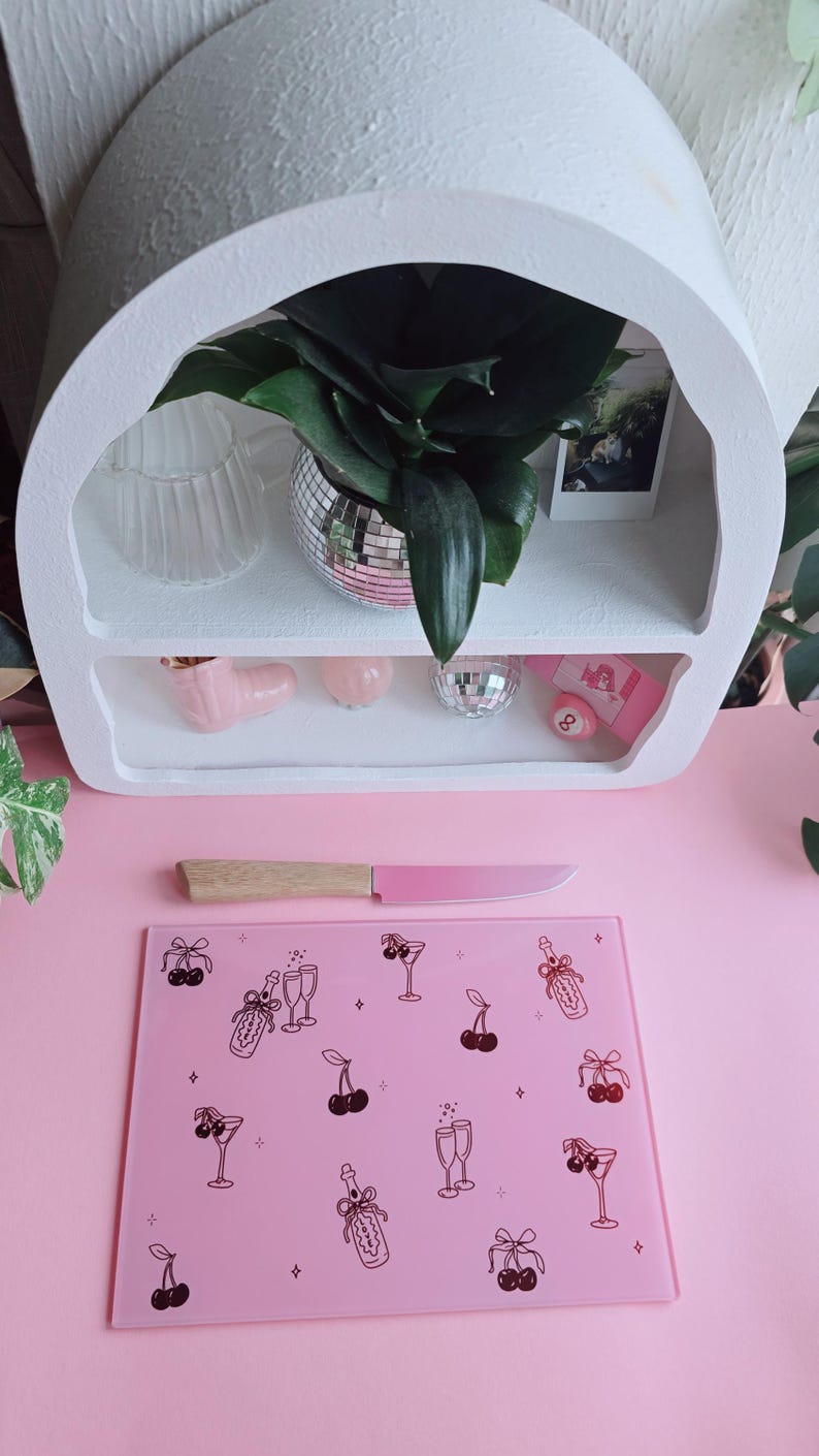 Lucky Girl Pink Glass Chopping Board | Funky Kitchen Decor, Hand-Drawn Design image 5