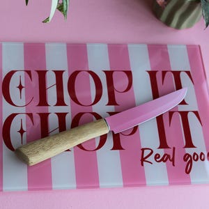 Pink Stripe Glass Chopping Board: 'Chop It Real Good' Kitchen Decor