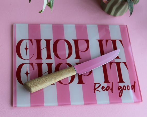 Pink Stripe Glass Chopping Board: 'Chop It Real Good' Kitchen Decor
