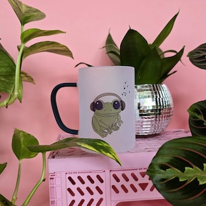 Hip Hop Frog | Green Handled Frosted Glass Mug | Funny Cute Mugs | Hand Drawn Handmade Cups | Pink Mugs Illustration Mug Frosted Pink