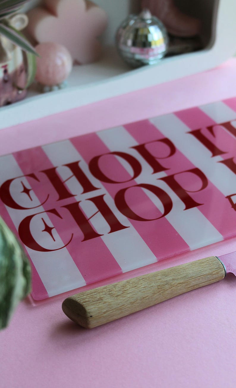 Pink Stripe Glass Chopping Board: 'Chop It Real Good' Kitchen Decor image 13