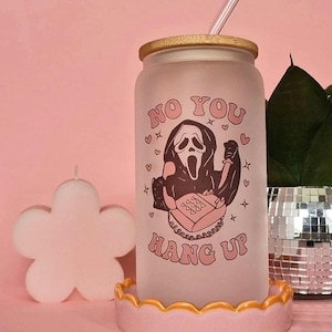 Halloween Iced Coffee Glass: Spooky Movie Tumbler with Bamboo Lid