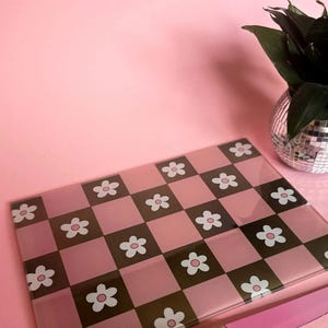 Pink & Green Flower Check Chopping Board Kitchen Decor