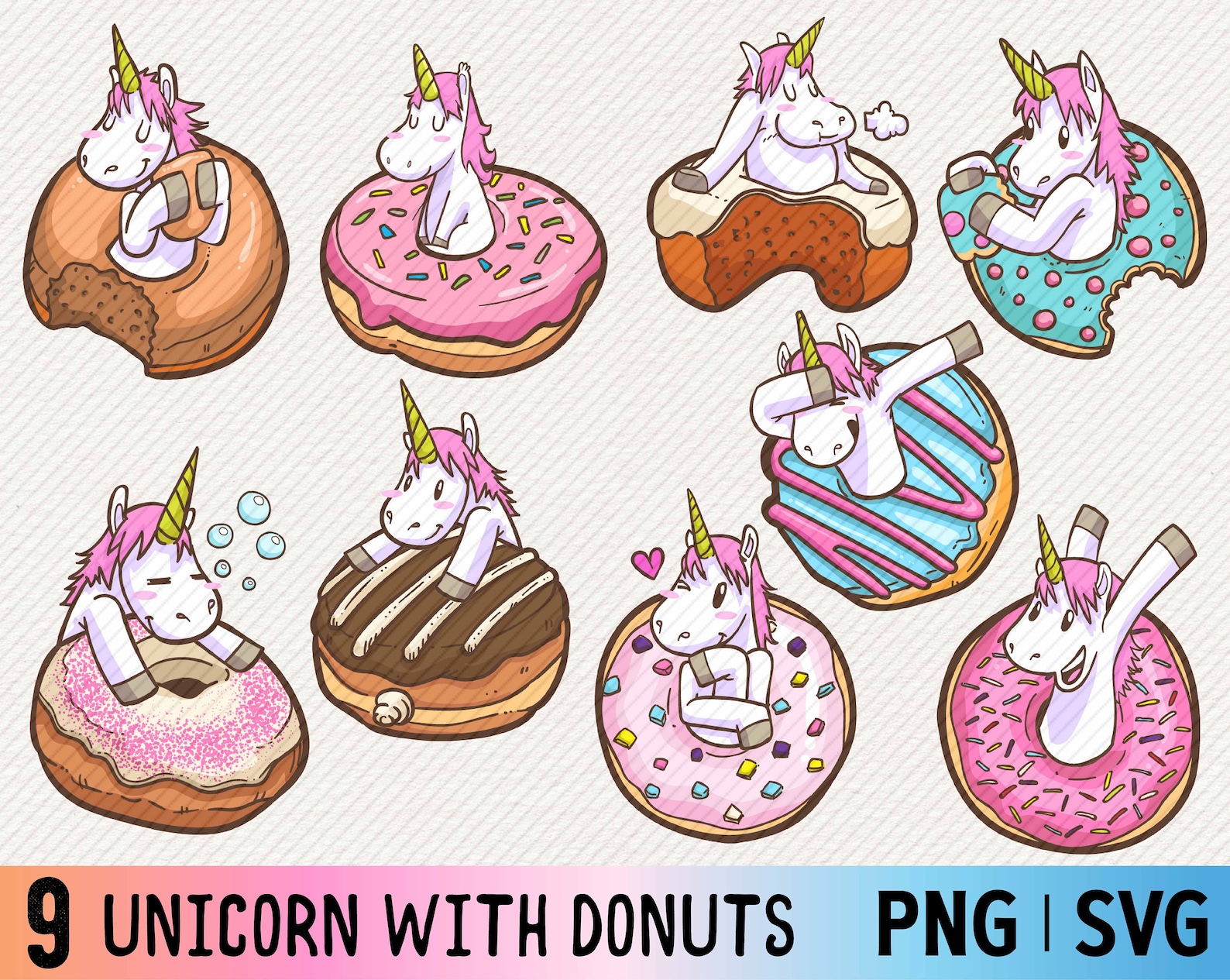 9 Unicorn With Donuts PNGSVG Cute Cartoon Clipart Set - Etsy