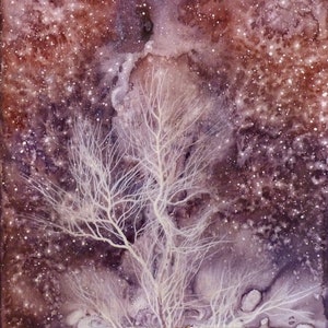 Albero della notte bianca Dipinto originale ad acquerello acrilico su carta Belle arti paesaggio cielo magico realismo magico luce rosa regalo notte viola