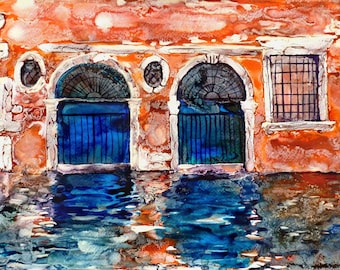 Blue Venice doors Original watercolor on paper cityscape painting green fine art landscape water reflections Italy Veneto red brick house