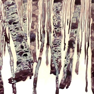 Bosque de álamos Acuarela original sobre papel A4 Pintura de la naturaleza Abedul negro Regalo de bellas artes Árboles de invierno Paisaje único hecho a mano Tarde