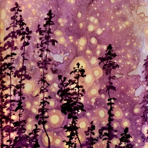Pittura acrilica dell'acquerello originale su carta foresta albero belle arti botanica moderna notte stellata pini camera da letto cosmo stelle viola scuro