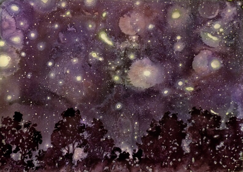 Original watercolor acrylic painting on paper forest trees starry night sky cheapest fine art landscape modern free shipping stars universe cosmos