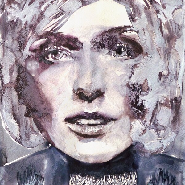 Esprit hivernal Aquarelle originale sur papier, peinture noir et blanc fille beaux-arts cadeau symbolisme femme yeux gris oeuvre unique Julianne Moore