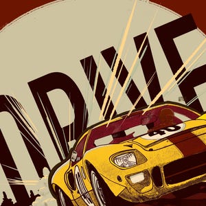 May include: A yellow racing car with the number 40 on the side, speeding along with a red and white stripe on the side. The car is in front of a large yellow circle with the word "DRIVE" in black letters.
