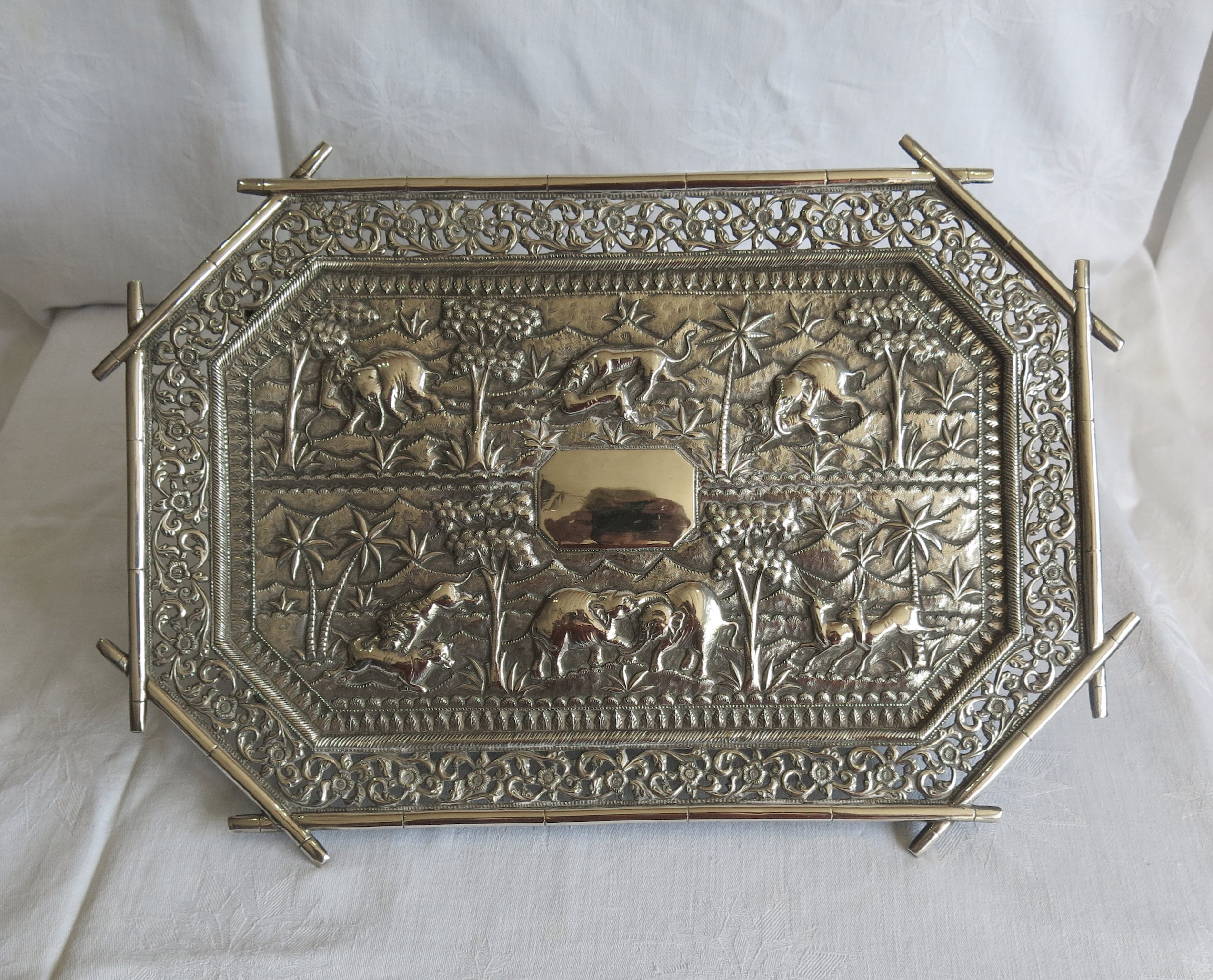 Antique Anglo Indian Kutch Silver Repousse Hunting Scene Tray C.1890