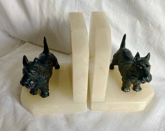 1930s Art Deco Marble Alabaster Spelter Scotty Dog Bookends