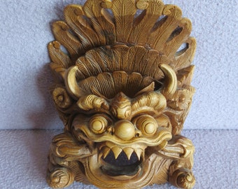 Vintage Balinese Carved Wood Barong Ket Mythical Lions Head Wall Plaque