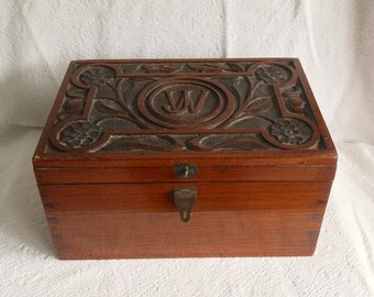 Arts and Crafts Carved Wood Writing Slope Antique Box c.1890