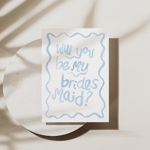 Blauwe aquarel Squiggle Be My Bridesmaid Proposal Card - Digitaal, bewerkbaar, downloadbaar, afdrukbaar 5X7, sjabloon voor bruiloft briefpapier