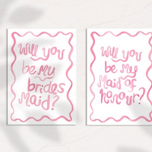 COMBO Pink Watercolour Squiggle Be My Bridesmaid & Maid of Honour Proposal Cards - Digital, downloadable, printable 5X7, wedding template