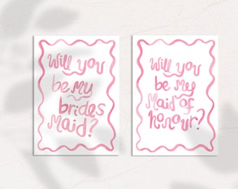 COMBO Pink Watercolour Squiggle Be My Bridesmaid & Maid of Honour Proposal Cards - Digital, downloadable, printable 5X7, wedding template