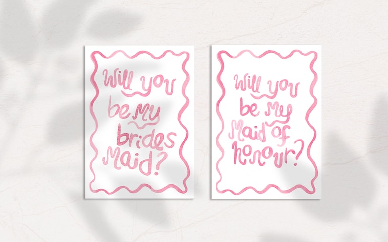 COMBO Pink Watercolour Squiggle Be My Bridesmaid & Maid of Honour Proposal Cards Digital, downloadable, printable 5X7, wedding template image 1