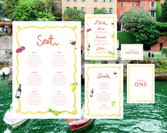 May include: A set of six printable wedding seating charts with a nautical theme. The charts are decorated with lemons, asparagus, wine glasses, and bottles of wine. The charts are labeled with the numbers one through six and list the names of the guests at each table.