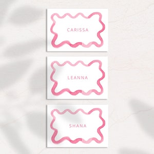 Tarjeta de nombre de garabato de acuarela rosa - Digital, editable, descargable, imprimible 3X2, plantilla de papelería de boda