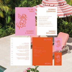 May include: Wedding invitation suite with pink and orange floral designs. The invitation cards feature the names "Robbie Germina" and "Sarah Williams" with the text "To Be Wed" and "Olivia" on the menu card.