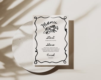 Hand-drawn Lobster Menu, Editable, Printable menu - Wedding menu stationery, Digital download 120X180mm, event stationery menu, food menu