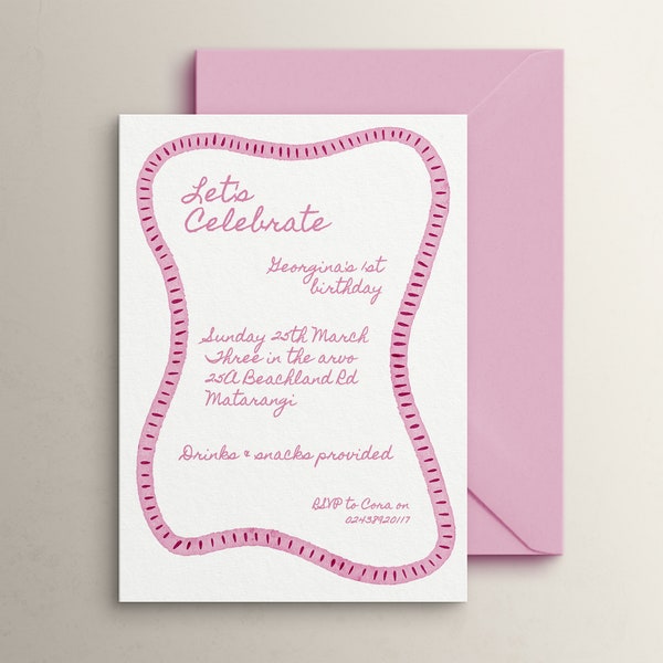 Handpainted watercolour border invitation in pink, editable, printable design | wedding & event invitation template, digital download 5X7