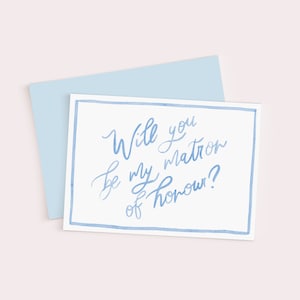 Acuarela azul Sea mi matrona de honor / Tarjeta de propuesta de honor - Plantilla de papelería de boda manuscrita 5X7 digital, descargable e imprimible