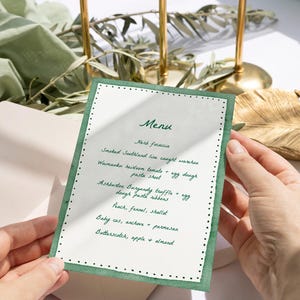 Handpainted watercolour menu in green, editable, printable food menu | Wedding & Event Menu Template - Digital download 5X7