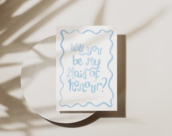 Blue Watercolour Squiggle Be My Maid of Honour Proposal Card - Digital, downloadable, printable 5X7, wedding stationery template