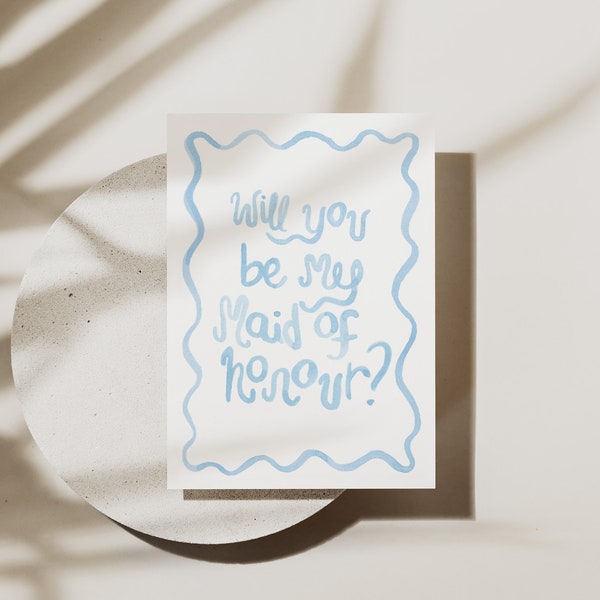 Blue Watercolour Squiggle Be My Maid of Honour Proposal Card - Digital, downloadable, printable 5X7, wedding stationery template