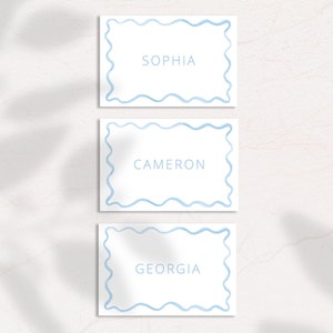 Tarjeta de nombre de garabato de acuarela azul - Digital, editable, descargable, imprimible 3X2, plantilla de papelería de boda