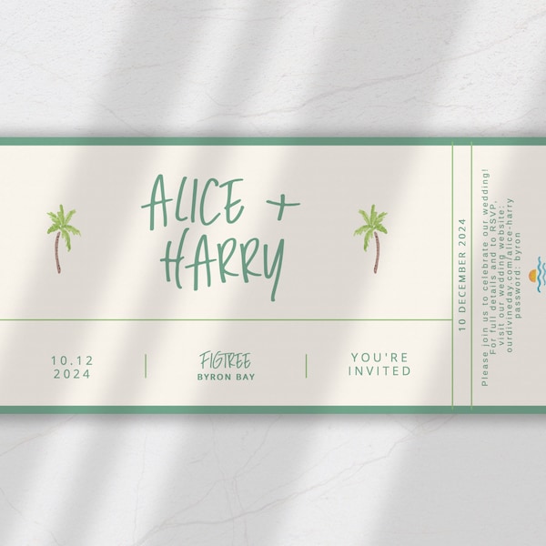 Tropical Boarding Pass Invitation Template | Customisable, Printable Wedding or event invitation  | Digital download, fun and bright.