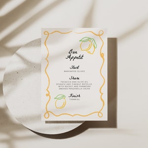 Menú de limón dibujado a mano, menú editable, imprimible, papelería de menú de boda, descarga digital 120X180 mm, menú de papelería de evento, menú de comida