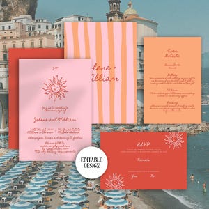 May include: A set of four wedding invitation cards with a pink and orange striped design. The cards feature a sun illustration and the text "Jolene and William" and "RSVP".