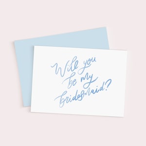 Tarjeta de propuesta de dama de honor con acuarela azul: plantilla de papelería para bodas manuscrita, digital, descargable e imprimible, de 5 x 7