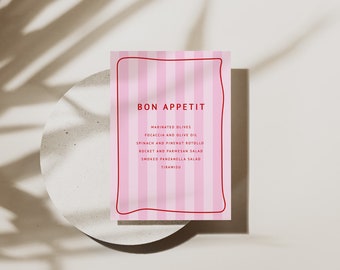 Striped Pink Menu, Customisable, Printable menu - Menu template, Digital download 5X7, wedding, birthday, bridal shower, template design