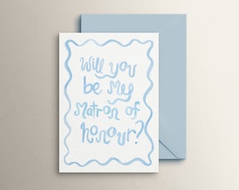 Blue Watercolour Squiggle Be My Matron of Honour Proposal Card - Digital, downloadable, printable, wedding template | Bridesmaid proposal