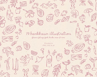Peut inclure: Une collection de 75 illustrations dessinées à la main en rose, comprenant des fleurs, du feuillage, de la nourriture, des boissons et des éléments sur le thème de l'océan. Le texte "75 handdrawn illustrations" et "flowers, foliage, food, drinks, ocean for more" est inclus dans l'image. Le texte "Provided in PNG, SVG & AI" est également inclus dans l'image.